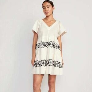 Old Navy Embroidered Mini Cream Cottage‎ Babydoll Boho Dress Sz L Tall